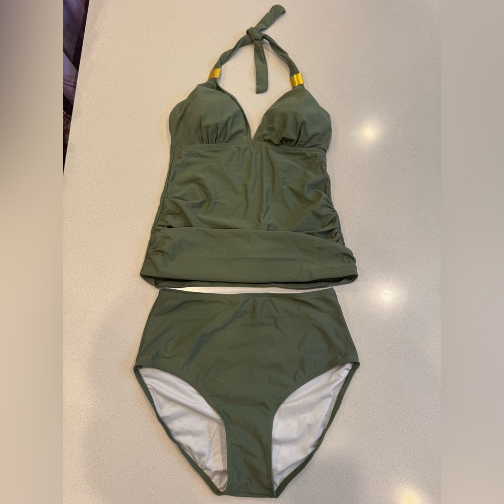 Green Halter Bikini Top with Gold Accents
